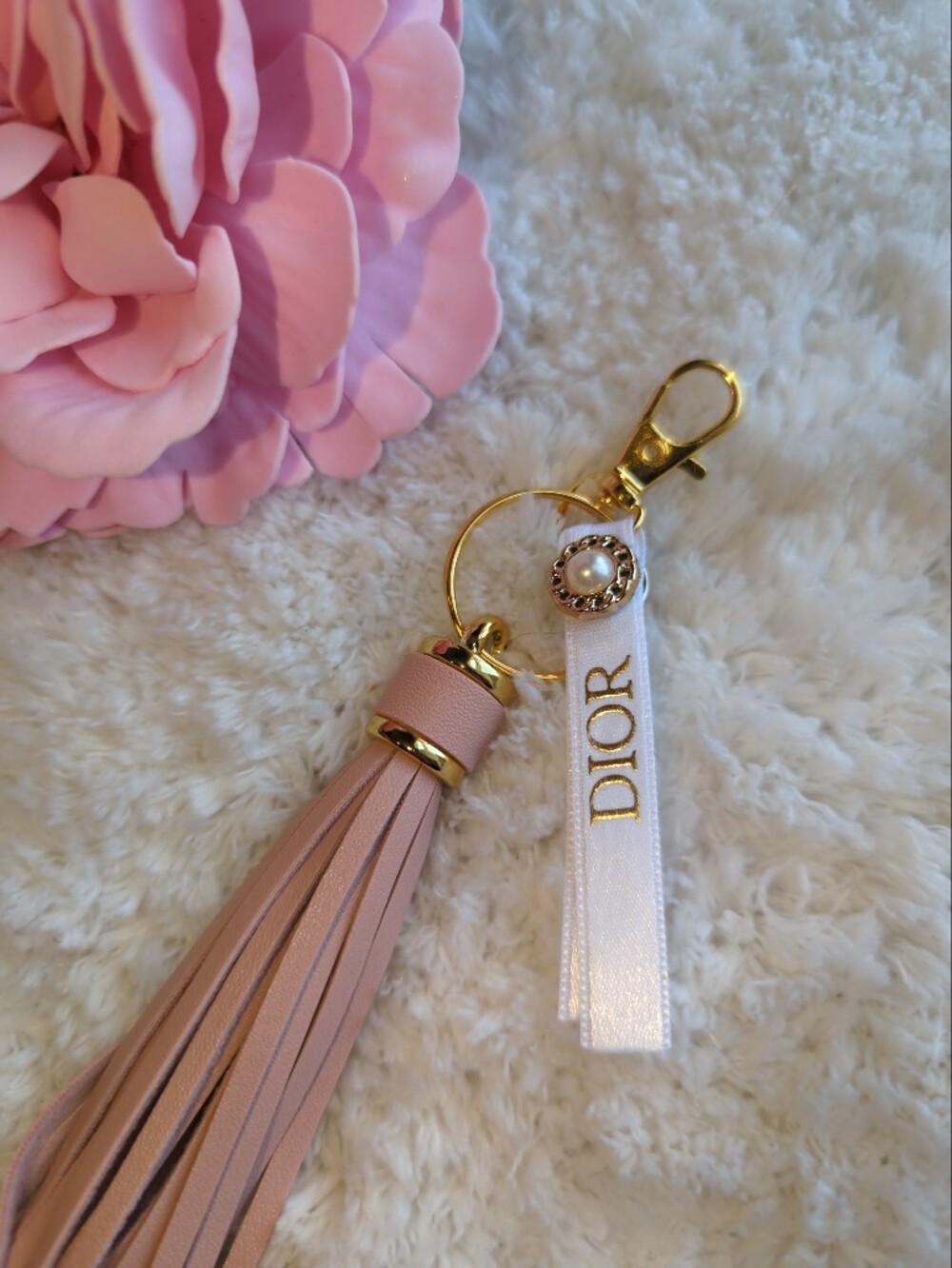 Dior Authentic Ribbon + Pink Leather Tassel Keyring  Gold Hardware Pearl Accent